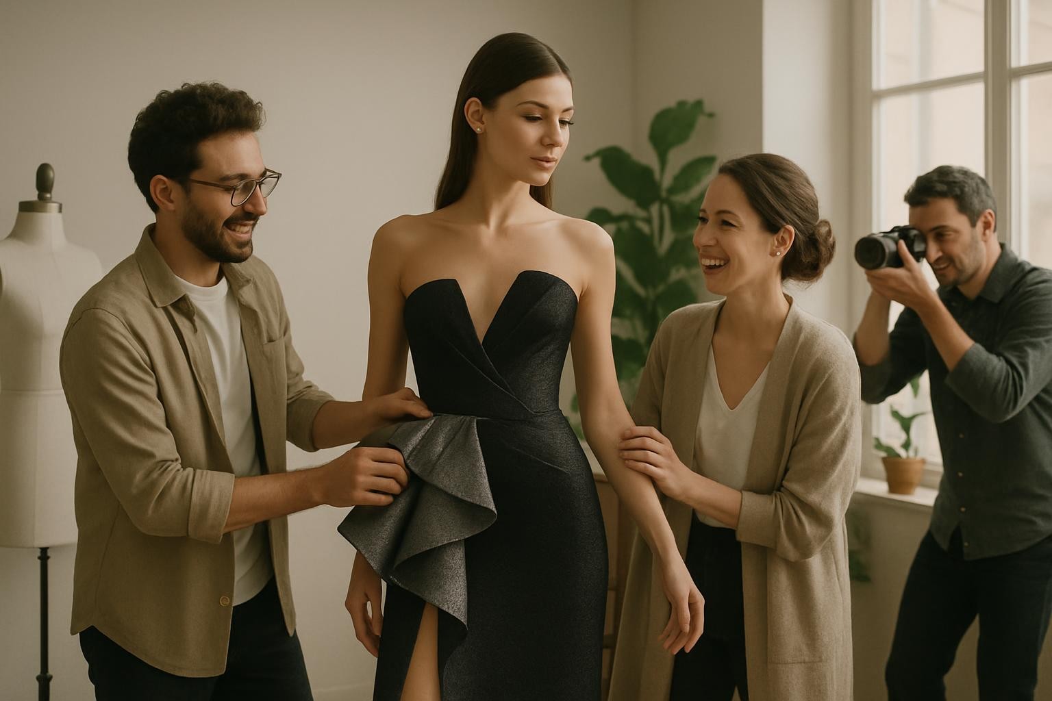 imagen de dos diseñadores de moda disfrutando mientras prueban un vestido moderno, de vanguardia y con glamour a una modelo en un atelier. Hay una ventana que ilumina el ambiente con luz natural, plantas que aportan un tono verde y un fotógrafo tomando fotos a la modelo.