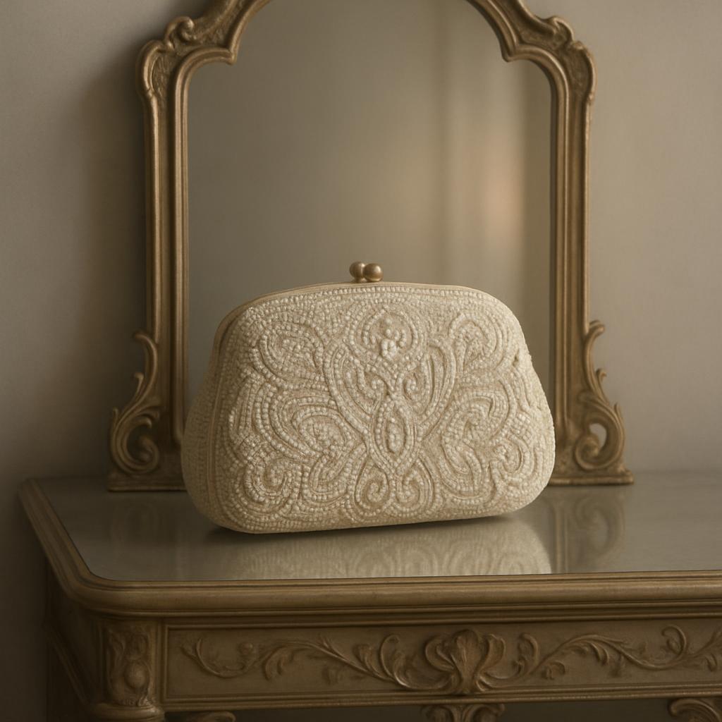 Clutch on the mirror table. The clutch is an off-white color and has a textured surface with a paisley pattern, adding a u...