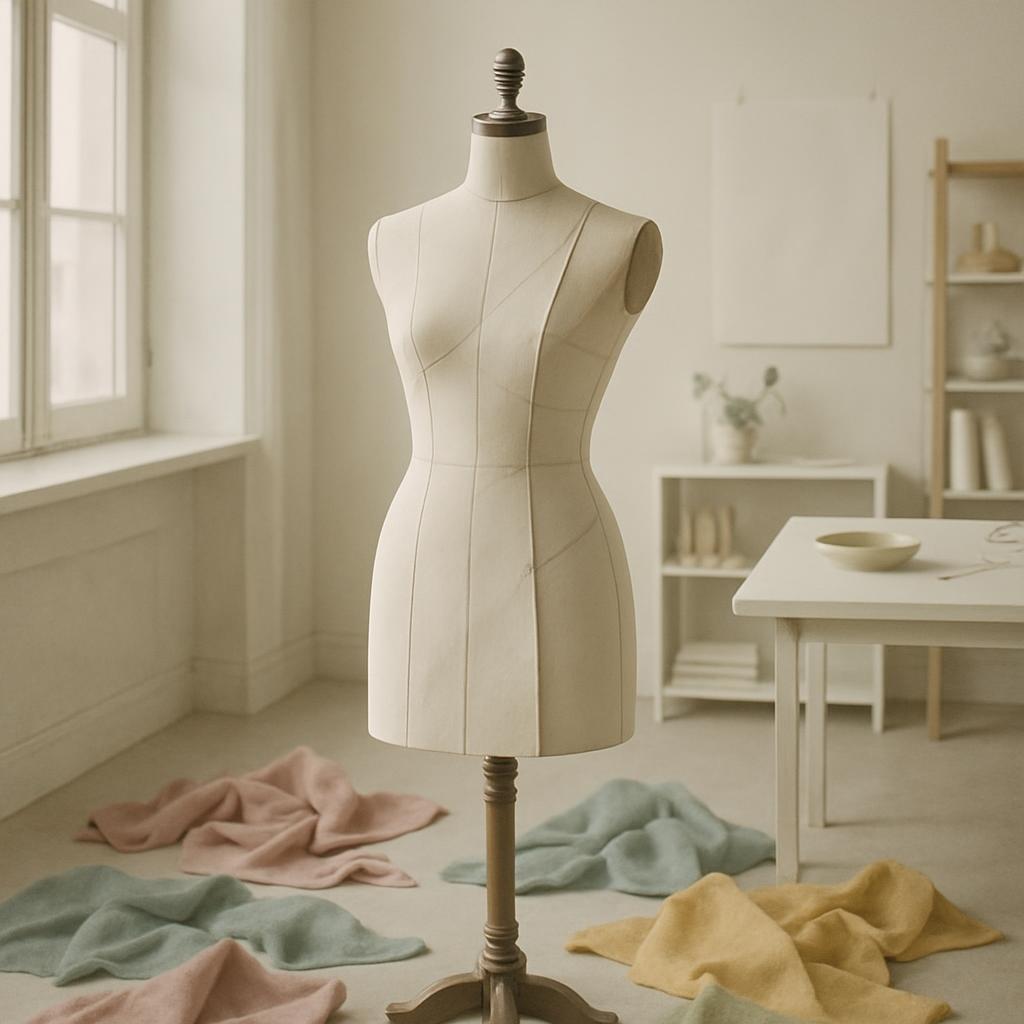 Una maniquí en una habitación llena con material y una mesa.